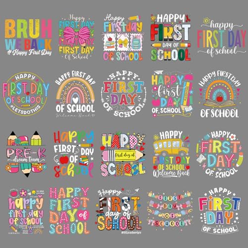 Rngmsi Dtf Transfers Ready to Press - 20 Pcs First Day of School Iron on Patches for T-Shirts, Back to School Iron on Stickers Heat Transfer Vinyl Decals for DIY Fabric Clothes Decor - style: First Day of School