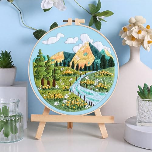 ERKOON 3 Sets Embroidery Kit, Floral Cross Stitch Set for Include Embroidery Cloth Hoops Threads for Craft Lover Hand Stitch (Landscapes) - color: Landscapes