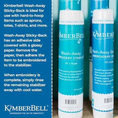 Kimberbell Wash Away Stabilizer - Wash Away Stabilizer for Embroidery, Sticky Back Stabilizer for Machine Embroidery, Water Soluble Stabilizer for Embroidery, 20"x5" Yd Roll, No Residue