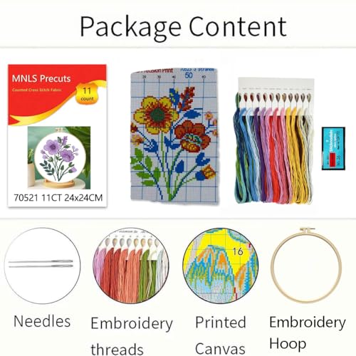 Zhenqing Purple Floral Bouquet Cross Stitch Kit for Beginners - 11CT 24x24cm Pre-Printed Pattern with Embroidery Hoop, Threads & Tools(70523) - color: Purple Floral Bouquet