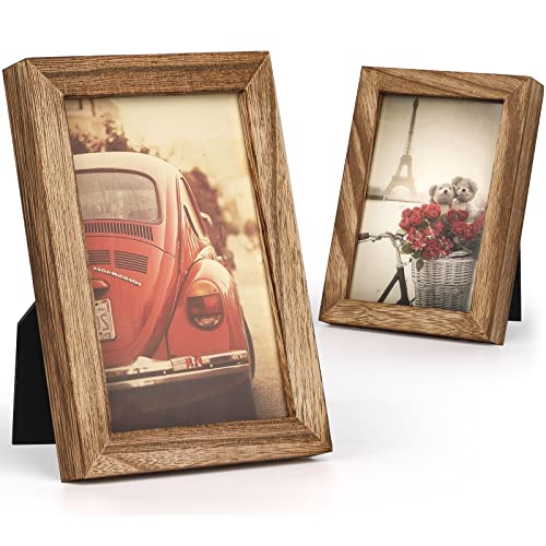 Emfogo 4x6 Picture Frames Photo Display for Tabletop Display Wall Mount Solid Wood High Definition Glass Photo Frame Pack of 2 - color: Carbonized Brown, size: 4x6 inch