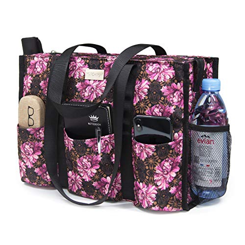 TOPDesign Utility Water Resistant Tote Bag with 13 Pockets, Zipper Closure - color: Baroque Carnation, size: Medium
