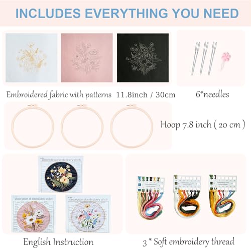 Silentsea 3 Embroidery Kits-Beginner Collection, Includes All Needed 3 Plastic Hoops, 3 Embroidery Fabrics with Patterns, Threads, Needles, and More. - color: multicolor-1