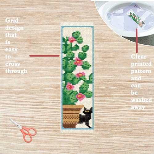 FREEBLOSS 6 Set Cross Stitch Bookmark Kits Cat and Potted Plants Stamped Cross Stitch Kit for Beginners, Printed Embroidery Bookmarks Kit with Instructions for Adults, 8''x2.4'' - style: Cats&Potted&Plants