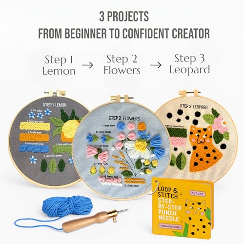 3-Step Punch Needle Kit for Beginners – Learn 14 Stitches with DIY Kit, Needlepoint Instructions & Practice Patterns, Embroidery Art & Craft Project for Adults with Video Tutorial