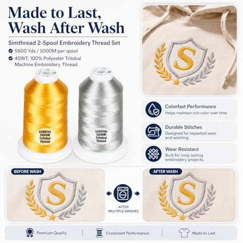 Simthread 2Pk 5500Y 40WT Polyester Embroidery Thread Gold214 Silver005 - color: Royal Duo(OldGold+Silver)