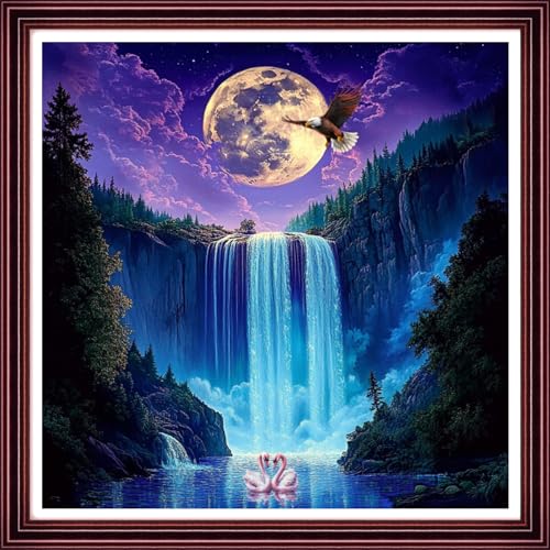 Funchey Counted Cross Stitch Kits for Adults Needlepoint Kits Unprinted Cross Stitching Embroidery Kit 11CT Cross Stitch Supplies-Star Moon Waterfall 18x18 inch - color: ArtsKits14