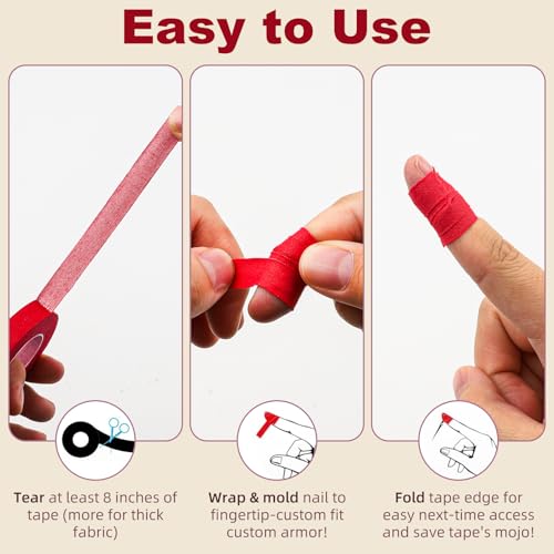 3 Rolls Thimble Tape for Hand Sewing, Breathable Cotton Finger Protector Tape, Adjustable Self-Adhesive Nail Guard for Quilting, Embroidery & Knitting Crafts Paperwork Carving (Red, Yellow, Purple)