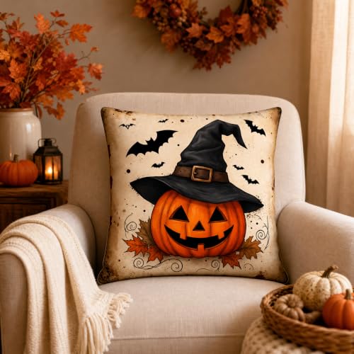 Halloween Witch Hat Pumpkin Bat Linen Pillow Cover 18x18 for Sofa - color: Pa10062, size: 18" x 18" (Pack of 1)