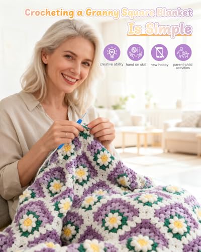 Coopay Crochet Blanket Kit for Beginners, Easy 3D Granny Square Blanket Kit - color: Purple- 3D Daisy