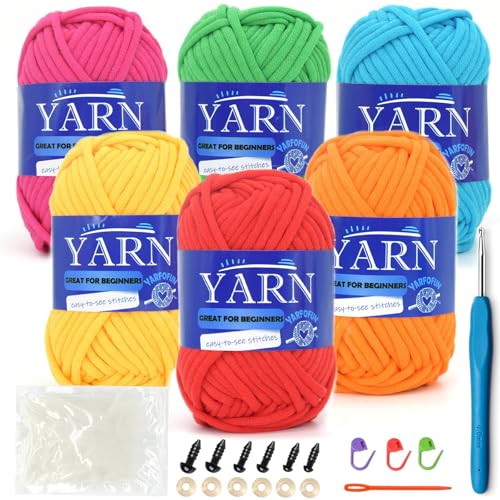 6 Pack Beginners Crochet Yarn Cotton for Beginners Crocheting and Knitting Cotton Nylon Blend Easy Yarn for Beginner Crochet Kit-Bright Series - color: Bright Series 02, size: 6 PACK