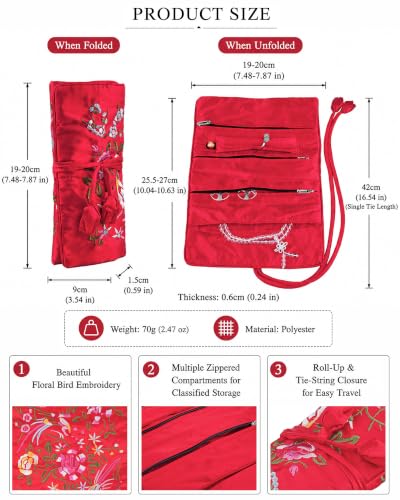 TUMBEELLUWA Embroidery Travel Jewelry Bag Roll Embroidered Flower and Bird Brocade Organizer with Tie Close - color: #5 Red