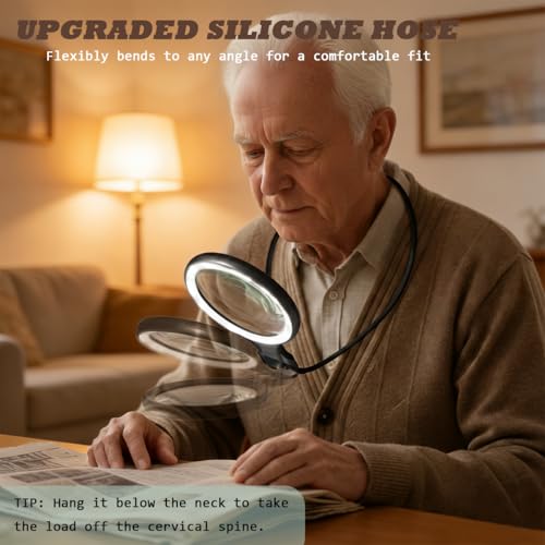 Hands Free Neck Wear Magnifying Glass with 30 LED Lights, Full Book Page 5X/10X Rechargeable Reading Magnifier Flexible Gooseneck Magnifiers for Seniors, Low Vision, Sewing, Crafts & Close Work