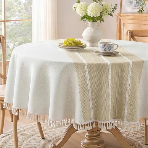 Softalker Fall Linen Round Tablecloth with Tassel, 55 x 55 Inch - color: Coffee Lines, size: 55" (Round)