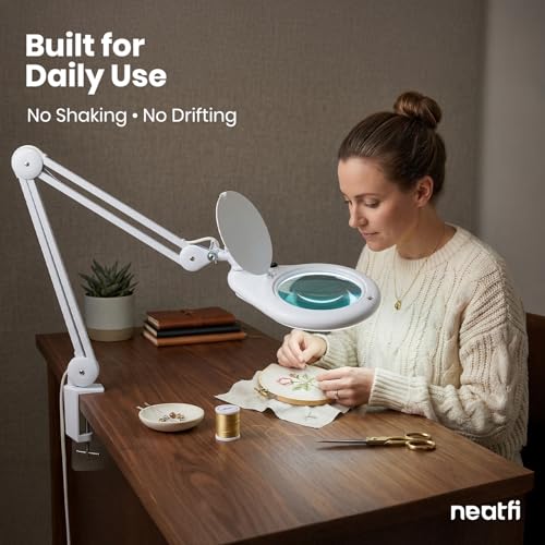 Neatfi Elite XL HD Super LED Magnifying Lamp – 7” Glass Lens, 5-Diopter, 6500K Daylight | Glare-Free, Adjustable Arm | Reading, Sewing & Crafting (White-3, 7-inch Lens, Non-CCT with Clamp) - color: White-3, size: 7-inch Lens, Non-CCT with Clamp