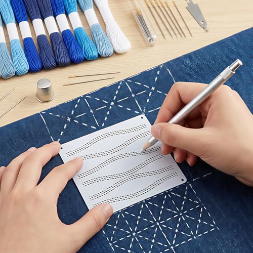 58 Pcs Sashiko Thread Kit with Plastic Sashiko Stencil, Thimble and Needles, Geometric Embroidery Pattern, Sashiko Template for Hand Quilting and Embroidery Projects Jeans Repair DIY Gift