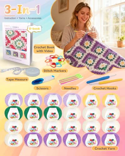 Coopay Crochet Blanket Kit for Beginners, Easy 3D Granny Square Blanket Kit - color: Purple- 3D Daisy