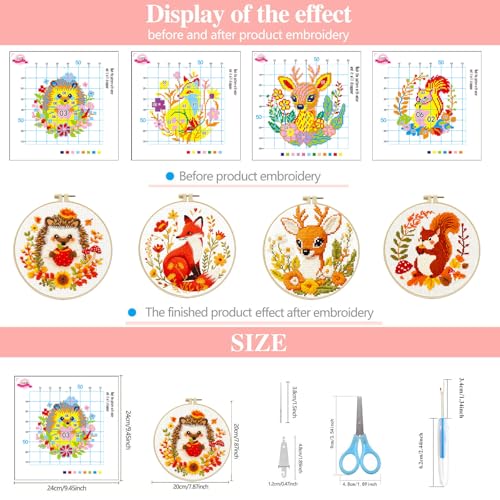 Zhenqing Autumn Animals Cross Stitch Kit - 4-Piece Set with Pre-Printed 11CT 24x24cm Fabric, Hoop & Tools, Fall Theme Animal Designs for Beginners (70412) - color: 70412