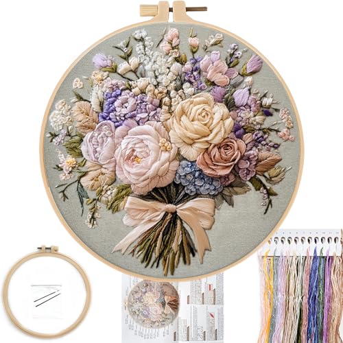 FONNUY Bouquet Flowers Embroidery Kit for Beginners, Pre-Stamped Pattern Kits for Adults with Hoop, Easy to Follow Color Thread Needlework, 8'' Hoop (Timeless Elegance) - style: Timeless Elegance