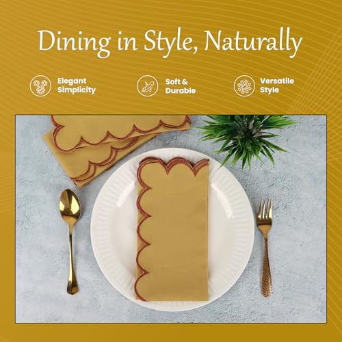 NATURALCRAFT Scalloped Cloth Napkins 18x18 in - Gold Edges Rust - color: Sl-gold Napkin - Rust Edges, size: 18" x 18" (Set of 4)