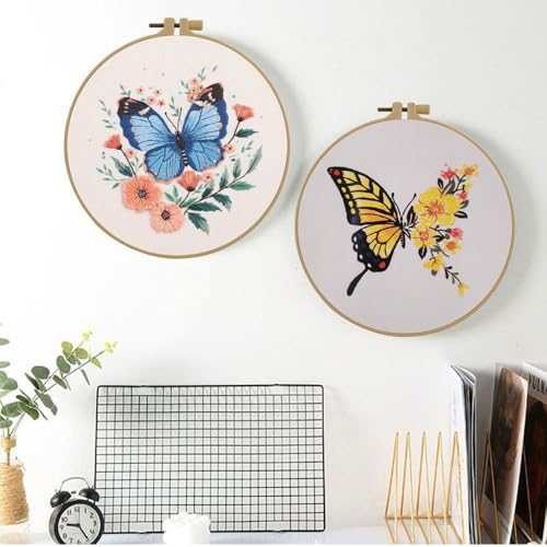 Esffaci Embroidery Starter Kit for Adult Beginner with Butterfly Flower Pattern Hand Embroidery Set with Cloth Hoop Needle Threader Floss and Instruction - color: Yellow