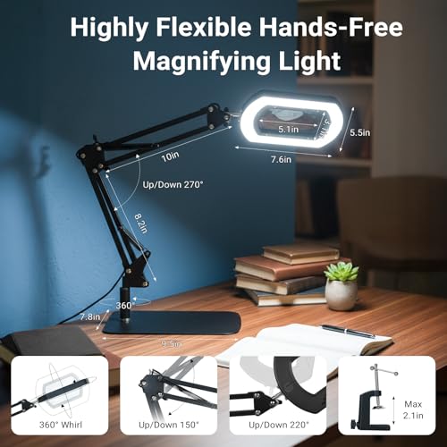 LIWEIGHT 15X Magnifying Glass with [Auto-Timer], Rectangular Real Glass Lens, 5 Color Dimmable Lamp with Stand & Clamp, Professional Hands-Free Magnifier for Reading, Sewing