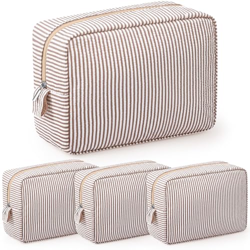 Sanwuta 3 Pcs Seersucker Makeup Bags, Khaki - color: Khaki