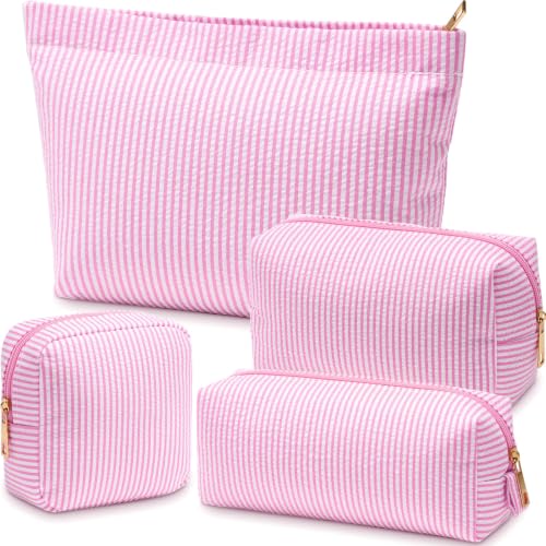 Sanwuta 4 Pcs Seersucker Pouch Striped Makeup Bag Set, Light Pink - color: Light Pink