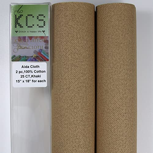 KCS 2 pc of 15" x 18" Counted Cross Stitch Cotton Aida Cloth Needlework Fabric (Khaki, 25CT) - color: Khaki, size: 25CT