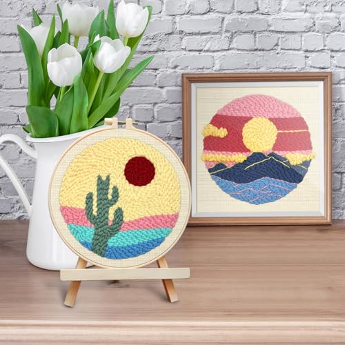 ERKOON Punch Needle Kit Adults Beginners, 2 Pcs DIY Easy Landscape Embroidery Set for Starter Art Craft, Needling Punching Project with Patterns, Tools, Yarns, Hoop, Instruction (Desert & Afterglow) - color: Desert & Afterglow