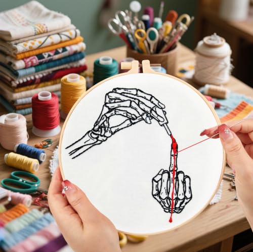 Gothic Embroidery Starter Kits for Adults Beginners, Halloween Embroidery Kits, Hand Bone Cross Stitch Kits Needlepoint Kits for Beginners Adults Woman Halloween Gifts, Embroidery Hoop, Video Tutorial - color: H2095