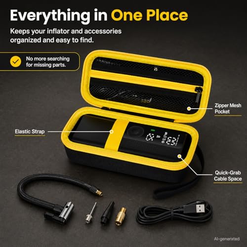 Hard Tire Inflator Case for Airmoto 120 PSI Air Compressor - color: Black+Yellow Zipper