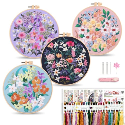 Harimau Adult Beginner Embroidery Starter Kit, Complete Set with 4 Patterns, 2 Hoops, Needles, Scissors, Instruction Guide & Stitching Video Tutorials - color: Floral1 pattern