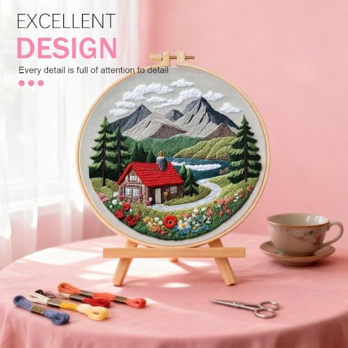 Huacan 1pc House Embroidery Kits for Beginners Mountains River Landscape Small Cross Stitch Kits Ideal for Crafting Art & Gifts