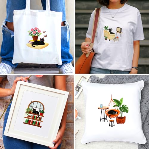 BEUNITONE 4 Set Embroidery Kit for Beginners, Daily Life of Cats Patterns Cross Stitch Kits, Needlepoint Kits for Adults with Hoop, Cute Hand Embroidery Patterns for Cloth and Home Decor - style: A-Cat-03