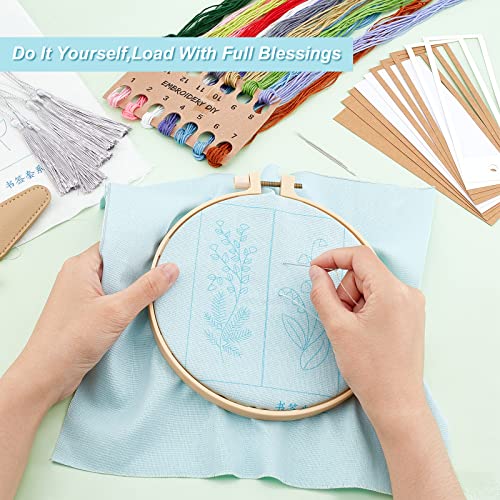 AHANDMAKER Embroidery Bookmark Set, Floral Plant Stamped Embroidery Bookmark for Adults Counted Cross Stitch Kit with Needle Tassel Cards Embroidery Hoop Instructions