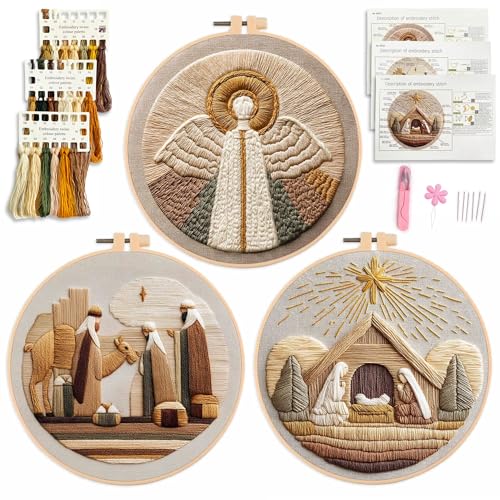 Myfelicity Embroidery kit,Handmade Nativity Scene Embroidery Hoop Art Set, Religious Christmas Theme, 3-Piece Collection with Angels and Manger Scene in Natural Earth Tones (60035-60037-60038) - color: 60035-60037-60038