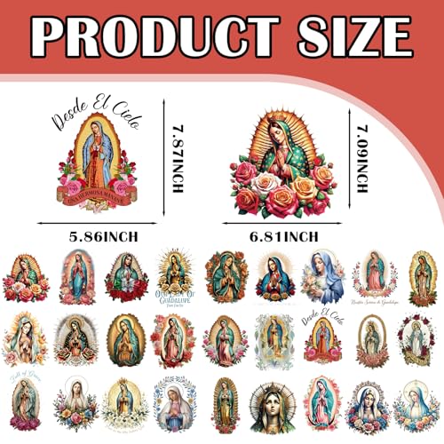 Dazoratix Guadalupe Iron on Transfers - 24 Sheets Our Lady of Guadalupe DTF Transfers Ready to Press Virgen de Mary Heat Patches Religious Stickers Vinyl Decals T Shirts Clothing Pillow Bag DIY Crafts - style: Our Lady of Guadalupe