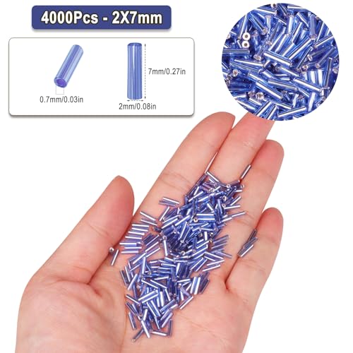4000pcs Blue Bugle Beads Bulk -Embroidery Beads,Long Tube bead for Jewelry Making, Bracelet Necklaces Supplies,Craft DIY(7x2mm) - color: Blue