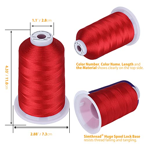 Simthread Embroidery Thread 5500 Yards Red 800, 2 Huge Spools 40wt Polyester for Brother, Babylock, Janome, Singer, Pfaff, Husqvarna, Bernina Machine - color: Red