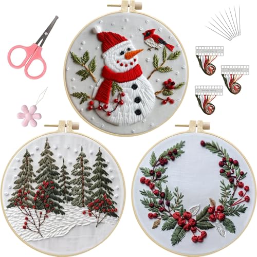 LB Red Christmas Embroidery Kit for Beginners Adults, 3 Sets Hand Embroidery Starter Kit with Cute Snowman and Instructions Stamped Cross Stitch Kits Include Embroidery Hoop Needles Threads Scissors - color: Red White