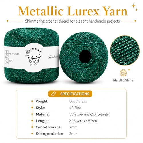 2PCS Metallic Crochet Thread Yarn for Crocheting,Lurex Thread Round Band Yarn with Sparkle Shine for Clothes, Car Charm, Keychain Charm(Green) - color: Green