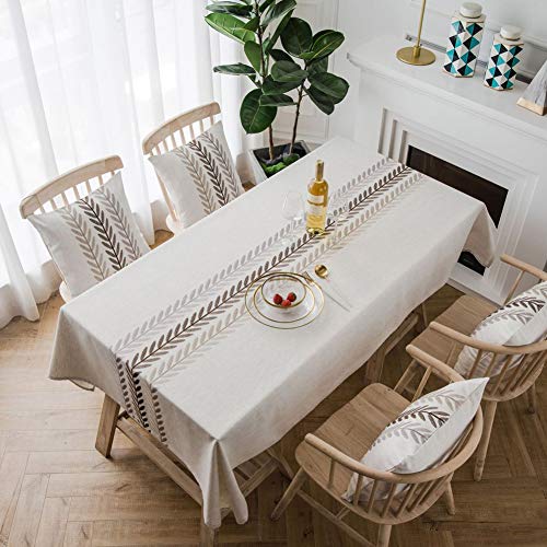 AMZALI Water Proof Table Cloth Elegant Embroidery Leaf Pattern Wrinkle Free Heavy Weight Cotton Linen Tablecloth Decorative Fabric Table Cover for Outdoor and Indoor (Rectangle,53 x 70 Inch) - size: 70" x 53" (Oblong)