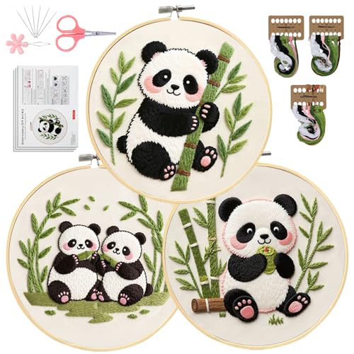Santune Beginners Embroidery Kit for Adult Needlepoint Cross Stitch Kits Needle Point Sets with Panda Embroidery Patterns, Includes Step-By-Step Instructions and Accessories - color: Panda Series