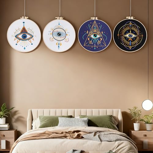 Vereela Evil Eye Embroidery Kit for Beginners Adults, 4 Pack Pre Stamped Embroidery Starter Kit with 8" Hoop, Threads, Needles, Tools & Instructions, DIY Needlework Craft Gift for Women Teens - color: Evil Eye