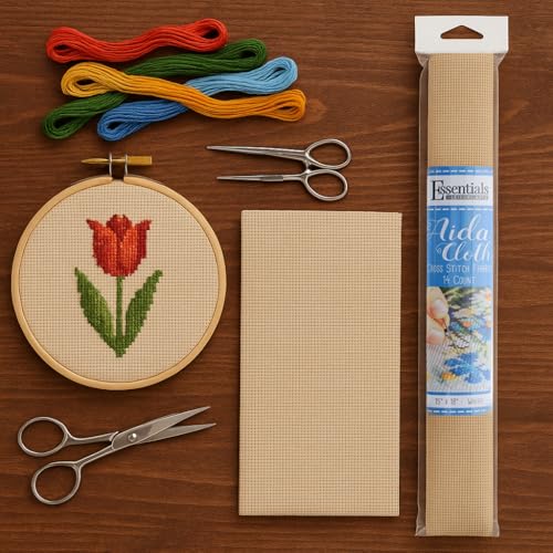 Essentials By Leisure Arts Aida Cloth, 14 Count, Wheat, Cross Stitch Fabric, Embroidery Fabric, Cross Stitch Supplies for Crafting, Stitching, and Sewing Projects 15X18 - color: Wheat