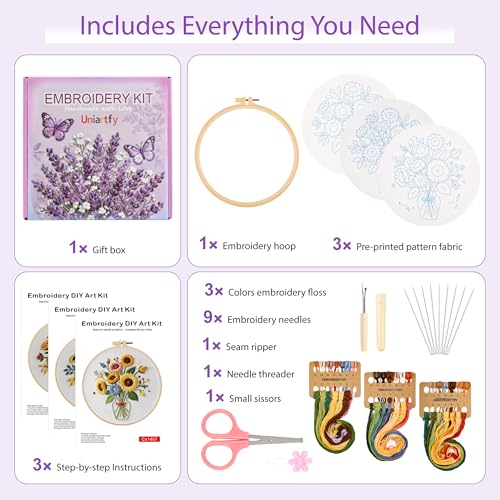 Uniartfy 3 Sets Sunflower Embroidery Kits for Beginners, Needlepoint Kits for Adults, Cross Stitch Kit with Cloth, Hoop, Threads and Instruction, Easy to Learn Embroidery Starter Kit for Craft Lover - color: Embroidery Kit-K