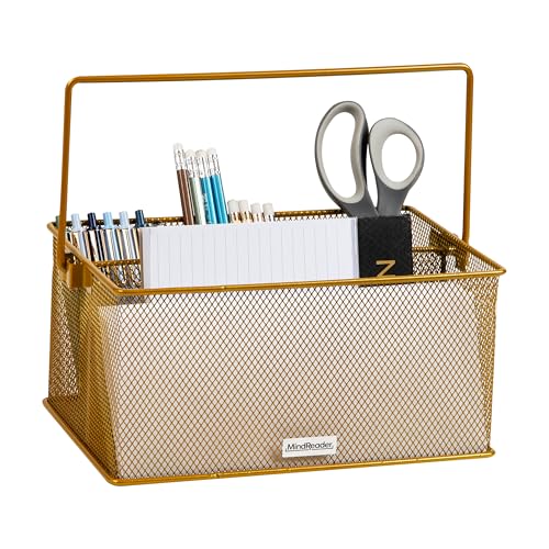 Mind Reader Multi-purpose Storage Caddy with Handle, Desktop Organizer, Cutlery Holder, 4 Compartments, Metal Mesh, Gold