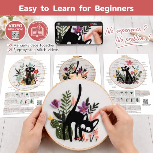 Meyocky Embroidery Kit for Beginners with Cat Flower Patterns& Stitch Video - color: Cat