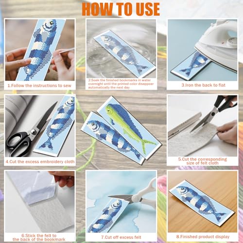 FREEBLOSS 6 Set Cross Stitch Bookmark Kits 11CT 8"x2.4" Fish - style: Fish